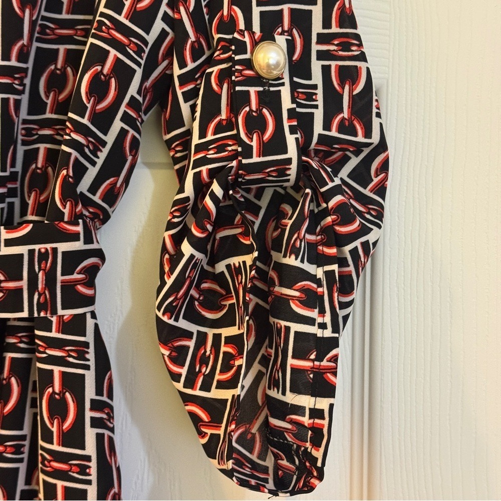 Moussy New Size 6 Shift Dress Red Black Chain Link Print Pockets 3/4 Sleeves - Picture 10 of 14